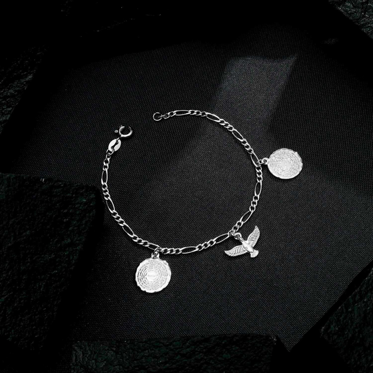 Pulseira Prateada Religiosa Pai Nosso e Espírito Santo Banhado a Ouro Branco 24k