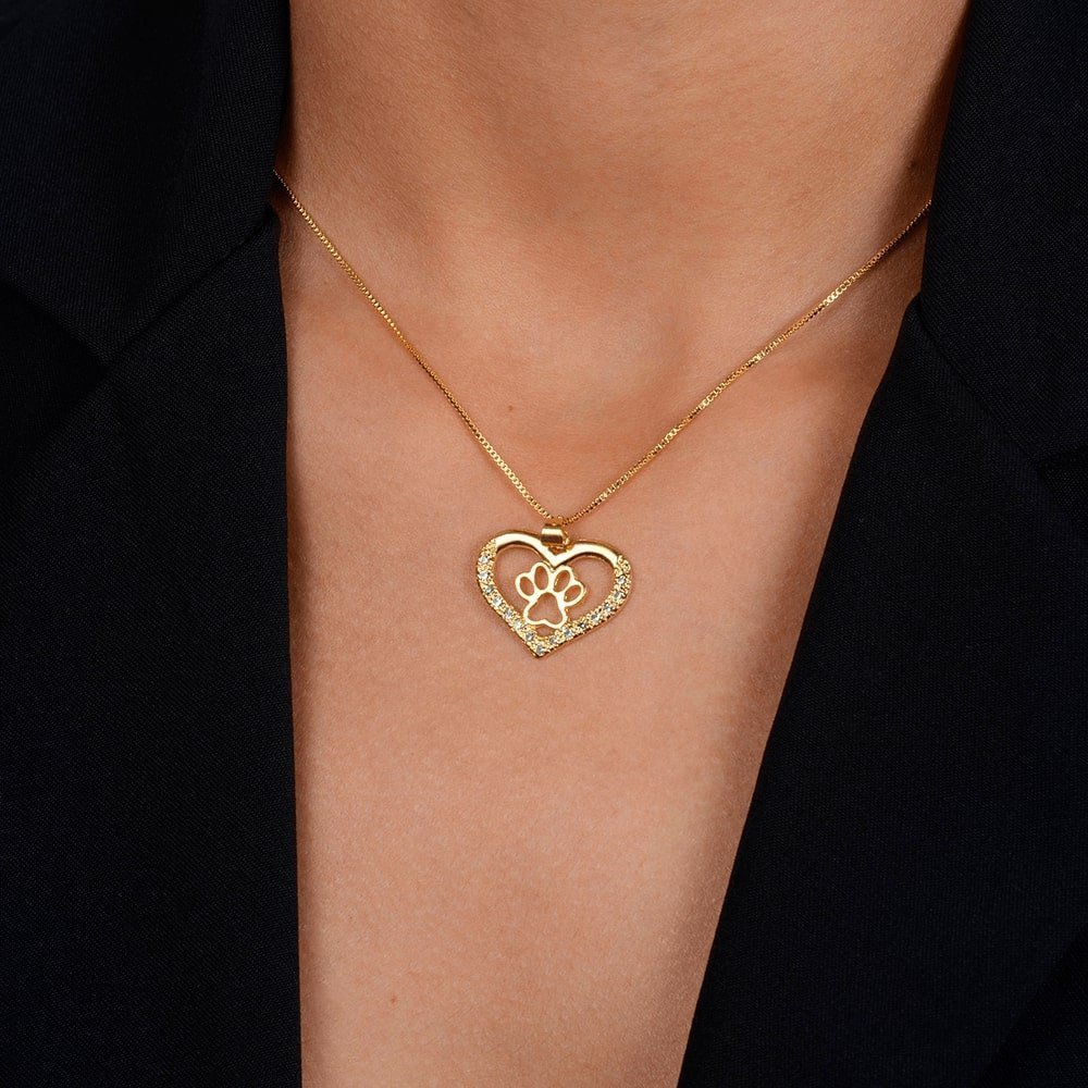 Colar Dourado Chocker de Coração e Pata Pet Zircônia Banhado a Ouro 24k