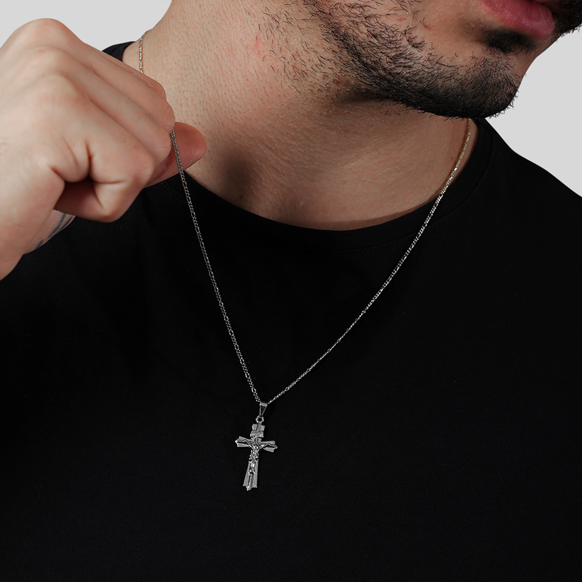 Pingente Prateado Crucifixo - Banhado a Ouro Branco 24k