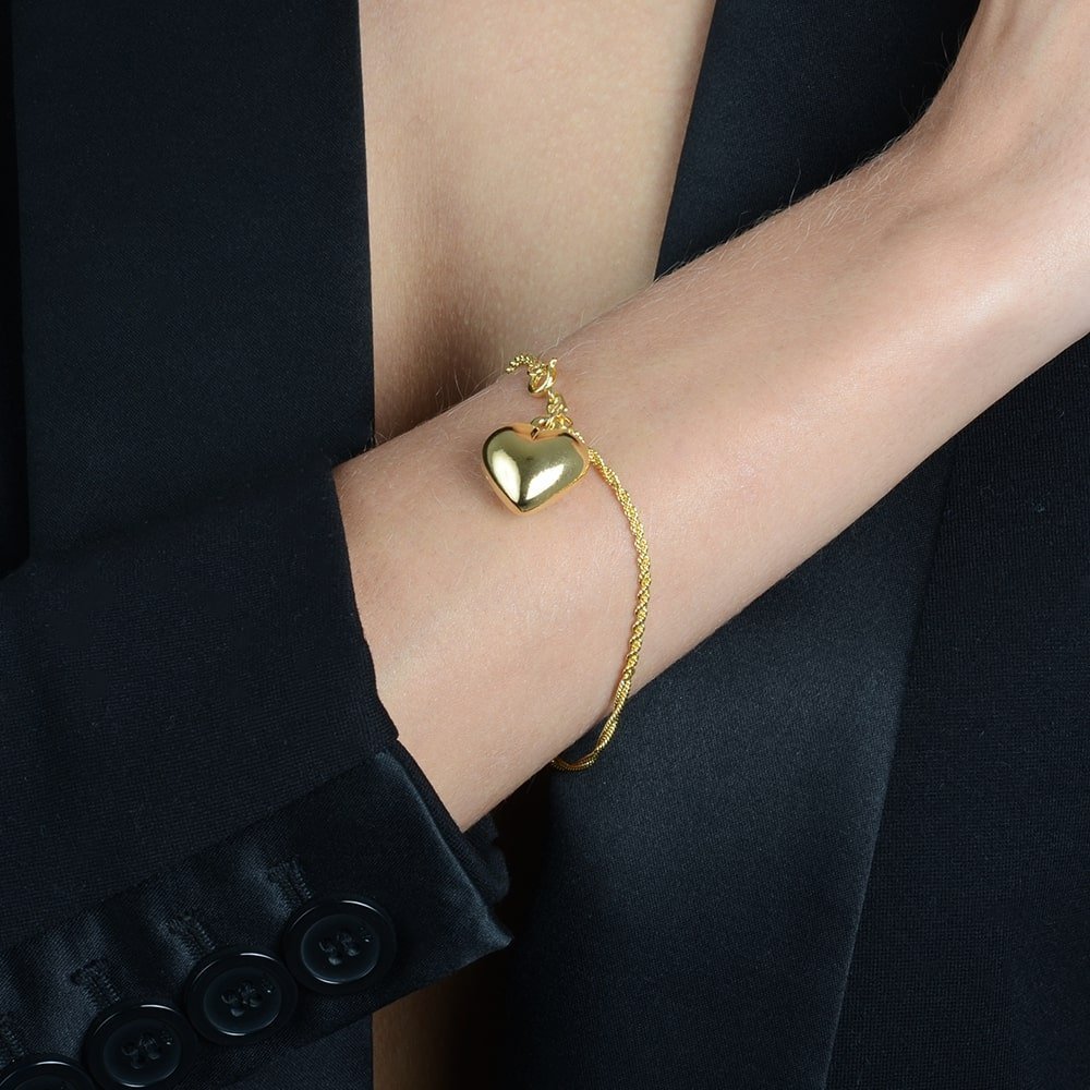 Pulseira Dourada de Cordão Baiano com Coração Banhado a Ouro 24k