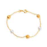 Pulseira Dourada de Pérolas e Esferas Vazadas Banhado a Ouro 24k