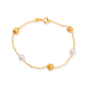 Pulseira Dourada de Pérolas e Esferas Vazadas Banhado a Ouro 24k