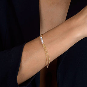 Pulseira Dourada Dupla Elo Português com Pérolas Banhado a Ouro 24k