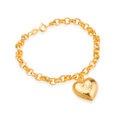 Pulseira Dourada Elo Português com Coração Banhado a Ouro 24k